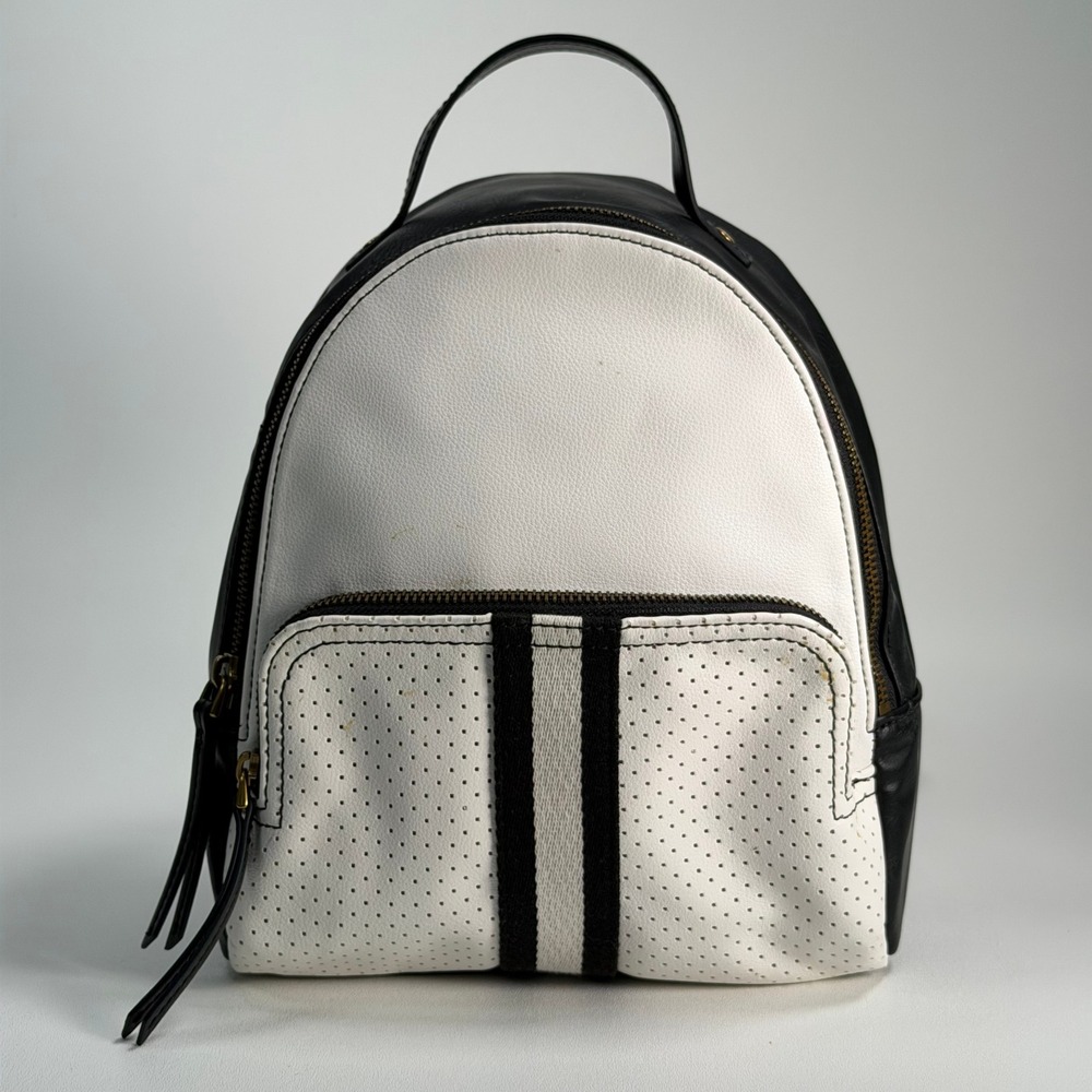 Fossil Megan Mini Backpack Women Small Black White Perforated Leather Stripe Bag